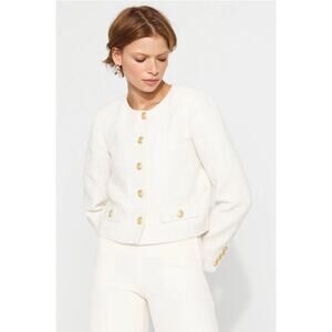 White House Black Market Cropped Tweed Jacket Gold Buttons Champagne Size 10